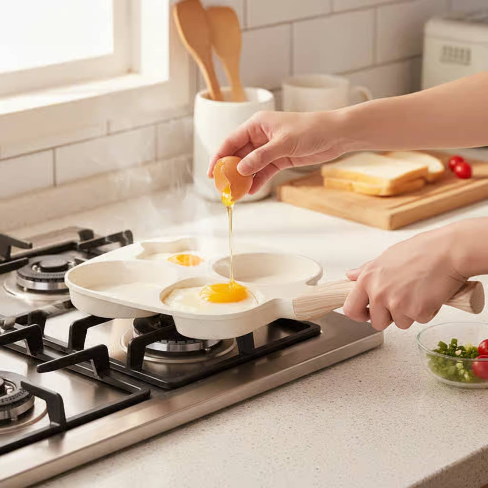 Induction Cooker - Antihaft-Frühstückspfanne Langlebige 4-Loch-Bratpfanne Geteilte Frühstückspfanne Schnelles